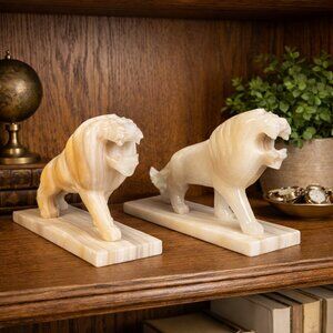 Vintage Onyx Marble Lion Bookend Set Natural Calcite Stone Hand Carved Lions